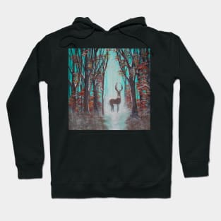 White Tail Deer, Buck Fall/Winter Art, Fall Red & Orange Leaves, Misty Teal background, Beautiful Gifts available on many products Hoodie